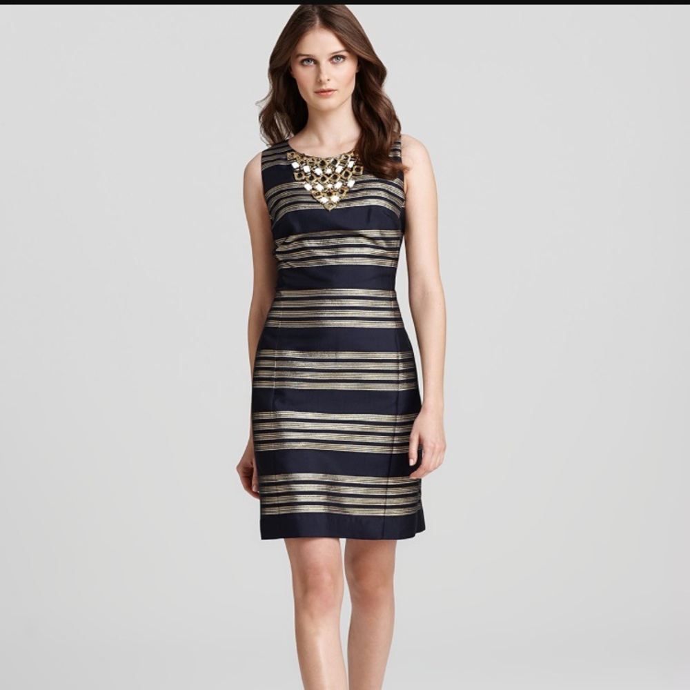 Lilly Pulitzer Navy and Gold Metallic-Striped Dress